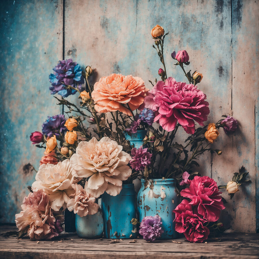 Eine Gruppe von bunten Blumen in blauen Vasen