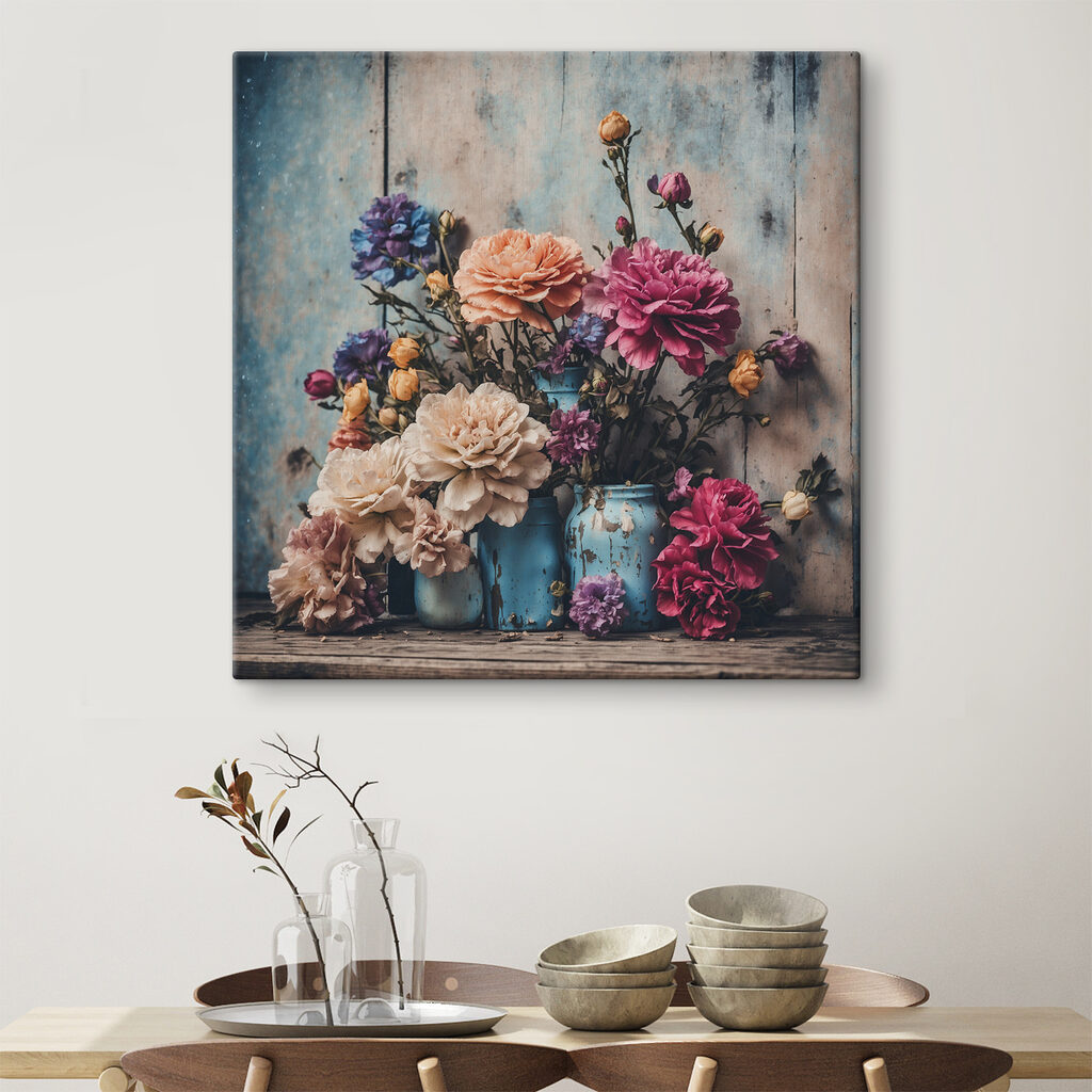 A group of colorful flowers in blue vases