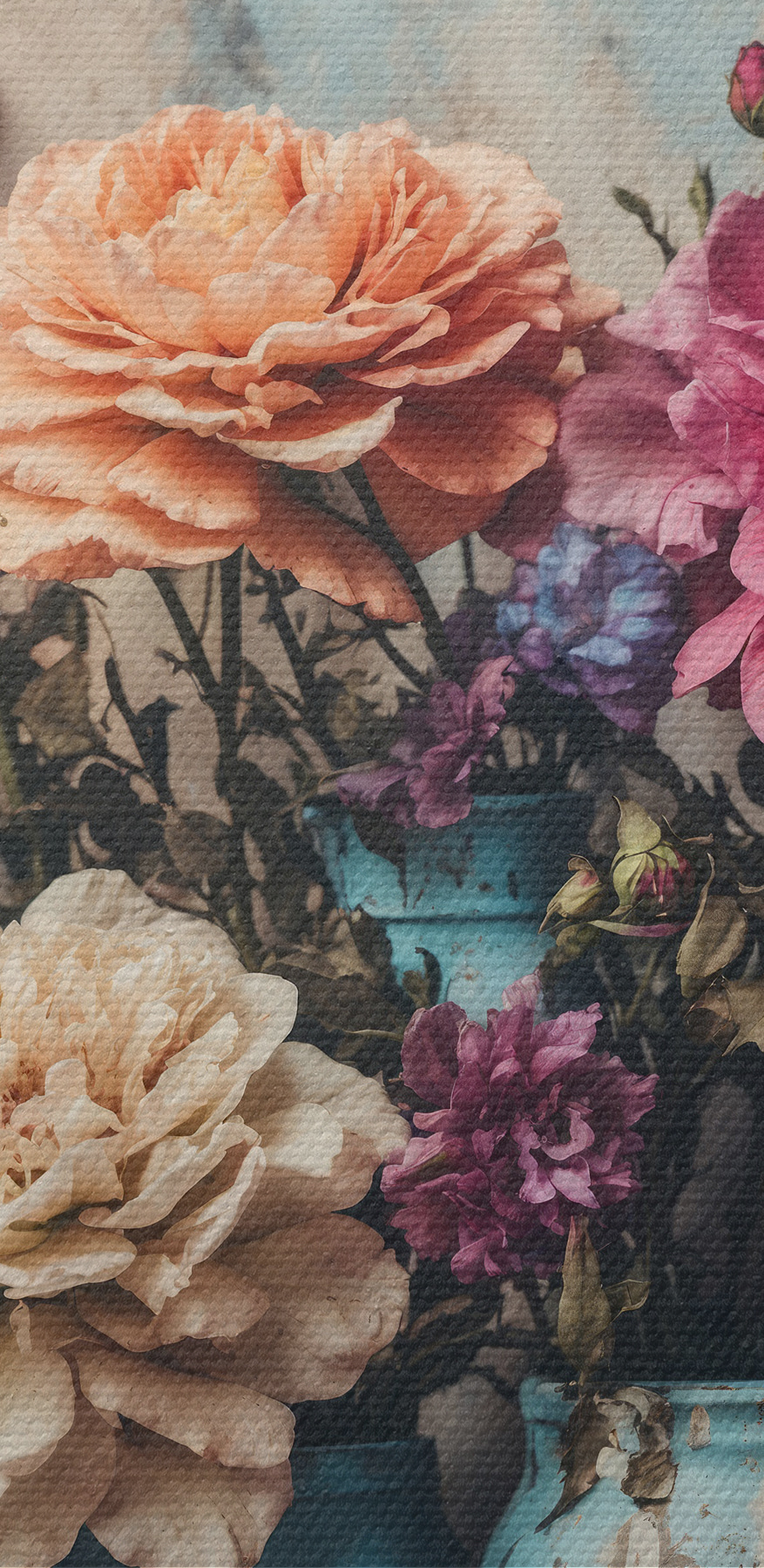 Eine Gruppe von bunten Blumen in blauen Vasen