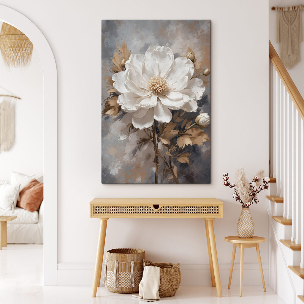 A white flower with brown leaves