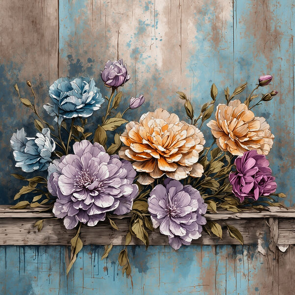 Ein Gemälde mit Blumen auf einem Holzsims Ein Gemälde mit Blumen auf einem Holzsims