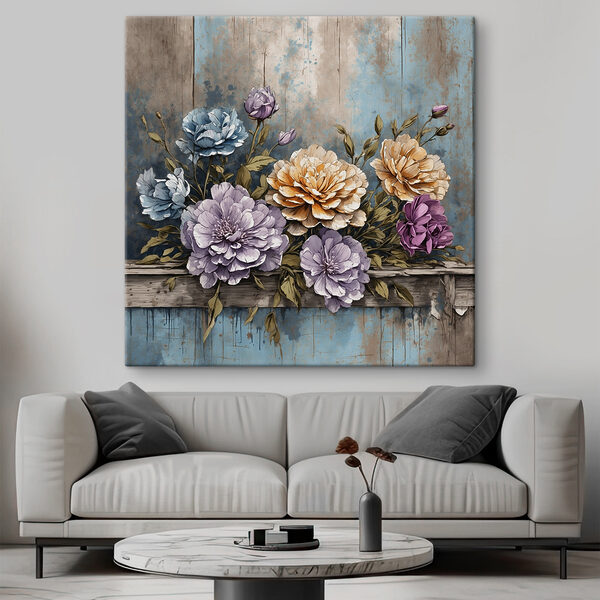Ein Gemälde mit Blumen auf einem Holzsims Ein Gemälde mit Blumen auf einem Holzsims
