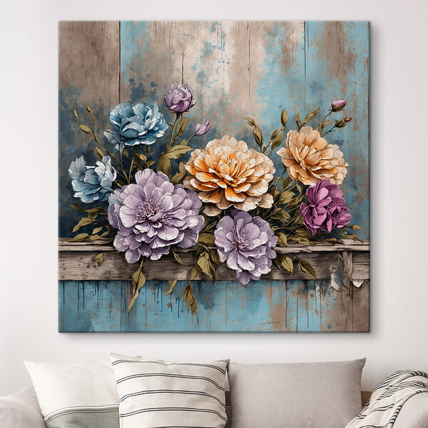 Ein Gemälde mit Blumen auf einem Holzsims Ein Gemälde mit Blumen auf einem Holzsims