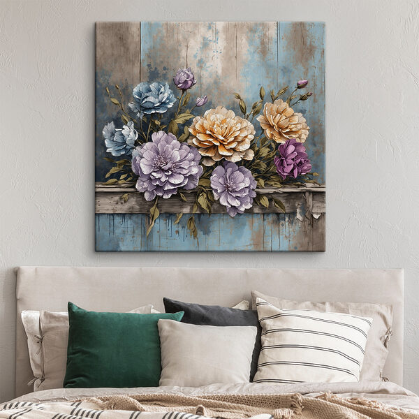 Ein Gemälde mit Blumen auf einem Holzsims Ein Gemälde mit Blumen auf einem Holzsims
