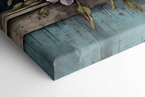 Ein Gemälde mit Blumen auf einem Holzsims Ein Gemälde mit Blumen auf einem Holzsims