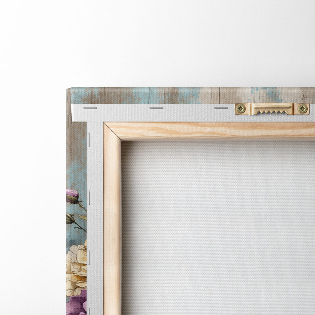 A painting of flowers on a wood ledge