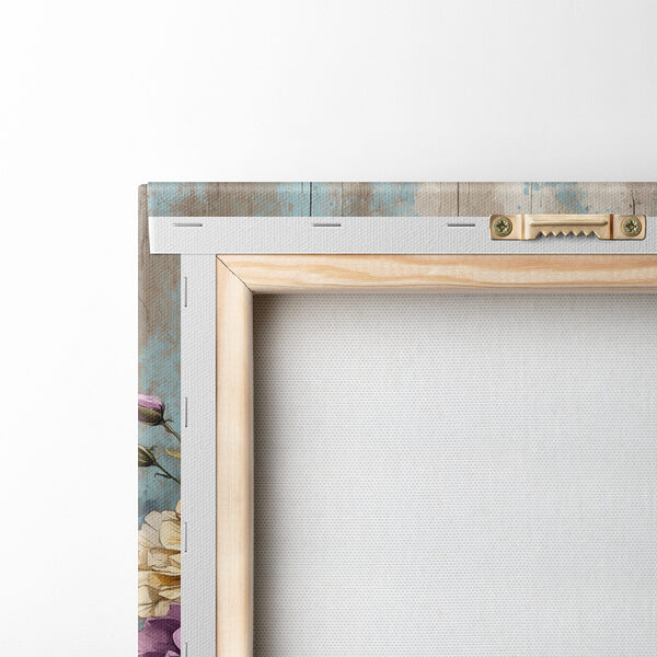 Ein Gemälde mit Blumen auf einem Holzsims Ein Gemälde mit Blumen auf einem Holzsims