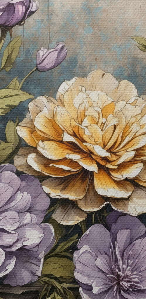 A painting of flowers on a wood ledge