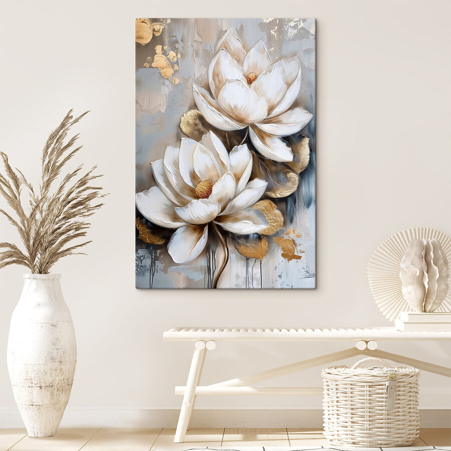 Ein Gemälde mit Blumen auf grauem Hintergrund