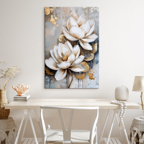 Ein Gemälde mit Blumen auf grauem Hintergrund Ein Gemälde mit Blumen auf grauem Hintergrund