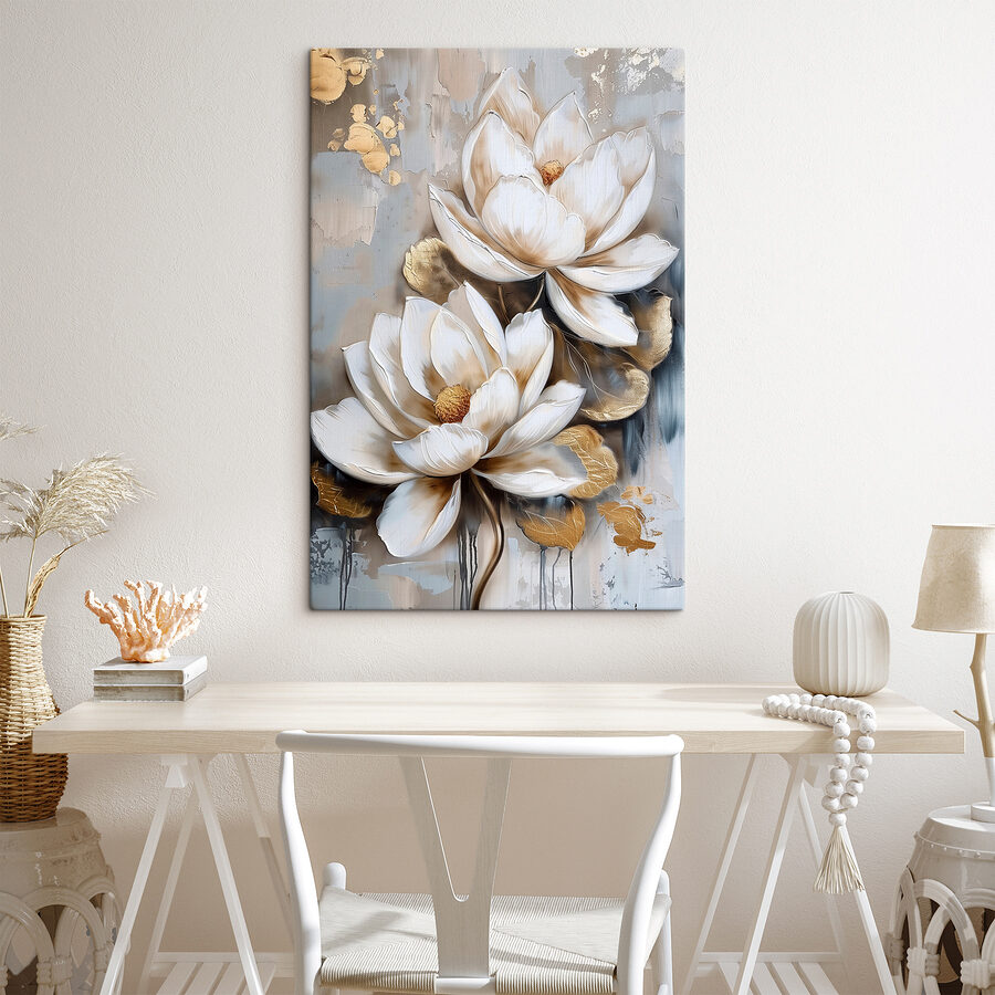Ein Gemälde mit Blumen auf grauem Hintergrund