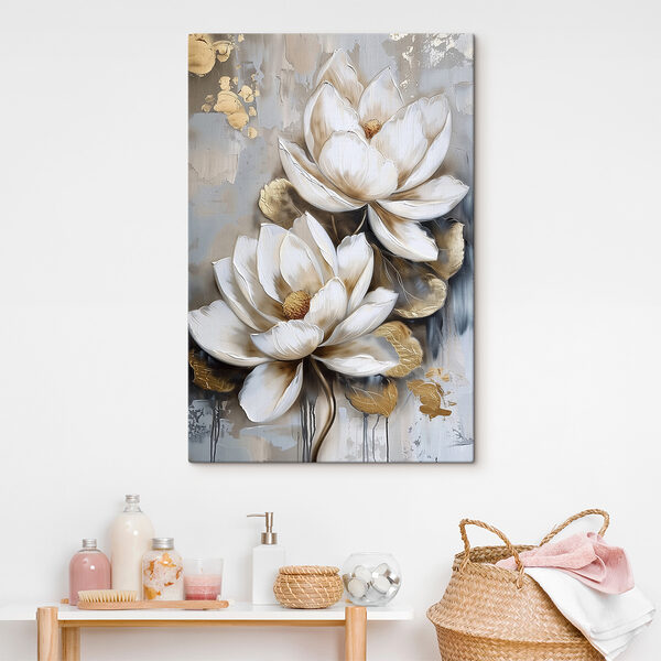 Ein Gemälde mit Blumen auf grauem Hintergrund Ein Gemälde mit Blumen auf grauem Hintergrund