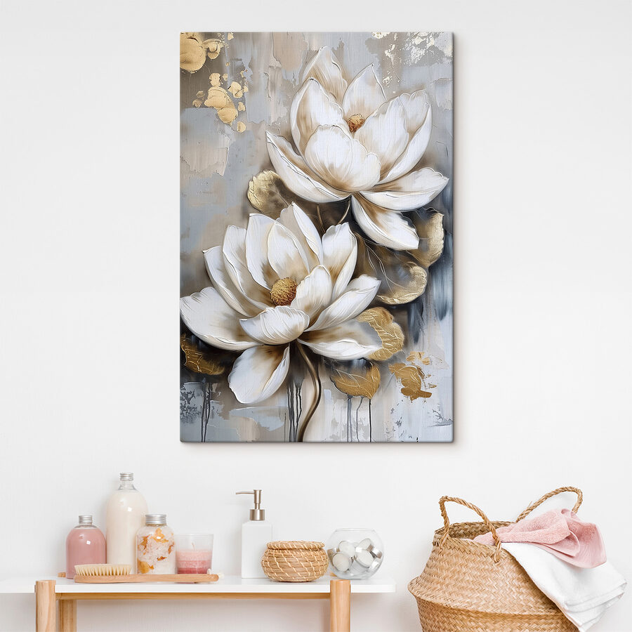Ein Gemälde mit Blumen auf grauem Hintergrund