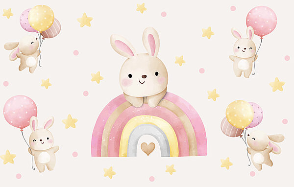 Ein Cartoon-Hase auf einem Regenbogen Ein Cartoon-Hase auf einem Regenbogen