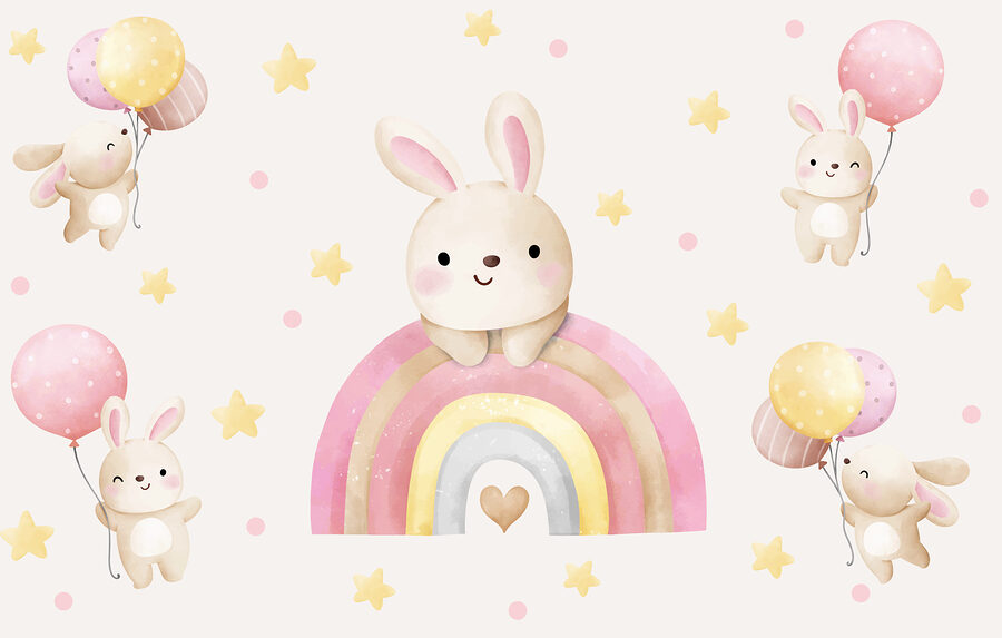 Fototapeten Ein Cartoon-Hase auf einem Regenbogen – Bild 4