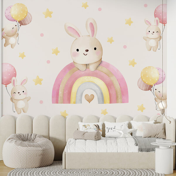 Ein Cartoon-Hase auf einem Regenbogen Ein Cartoon-Hase auf einem Regenbogen