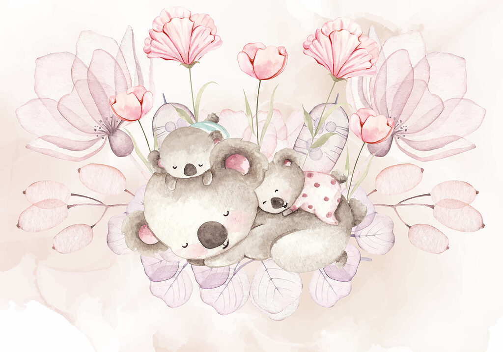 Eine Aquarellillustration eines Koalapaares und Blumen Eine Aquarellillustration eines Koalapaares und Blumen
