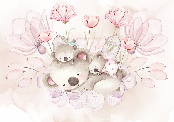 Eine Aquarellillustration eines Koalapaares und Blumen Eine Aquarellillustration eines Koalapaares und Blumen