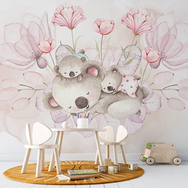 Eine Aquarellillustration eines Koalapaares und Blumen Eine Aquarellillustration eines Koalapaares und Blumen