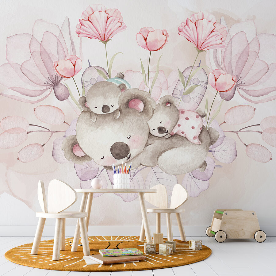 Eine Aquarellillustration eines Koalapaares und Blumen Eine Aquarellillustration eines Koalapaares und Blumen