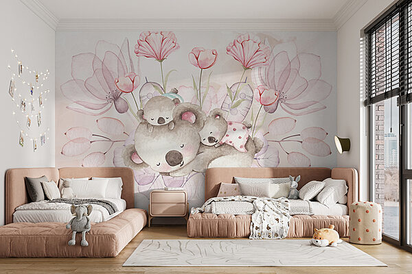 Eine Aquarellillustration eines Koalapaares und Blumen Eine Aquarellillustration eines Koalapaares und Blumen