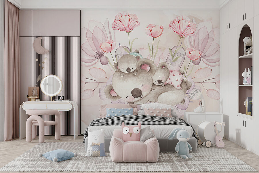 Eine Aquarellillustration eines Koalapaares und Blumen Eine Aquarellillustration eines Koalapaares und Blumen