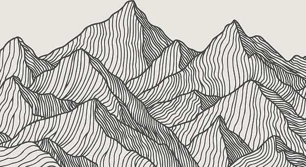 A black and white drawing of a mountain range