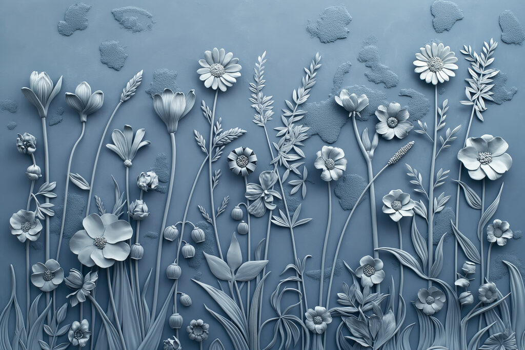 A grey wall with flowers and leaves A grey wall with flowers and leaves