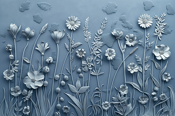 A grey wall with flowers and leaves A grey wall with flowers and leaves