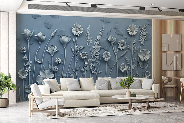 A grey wall with flowers and leaves A grey wall with flowers and leaves
