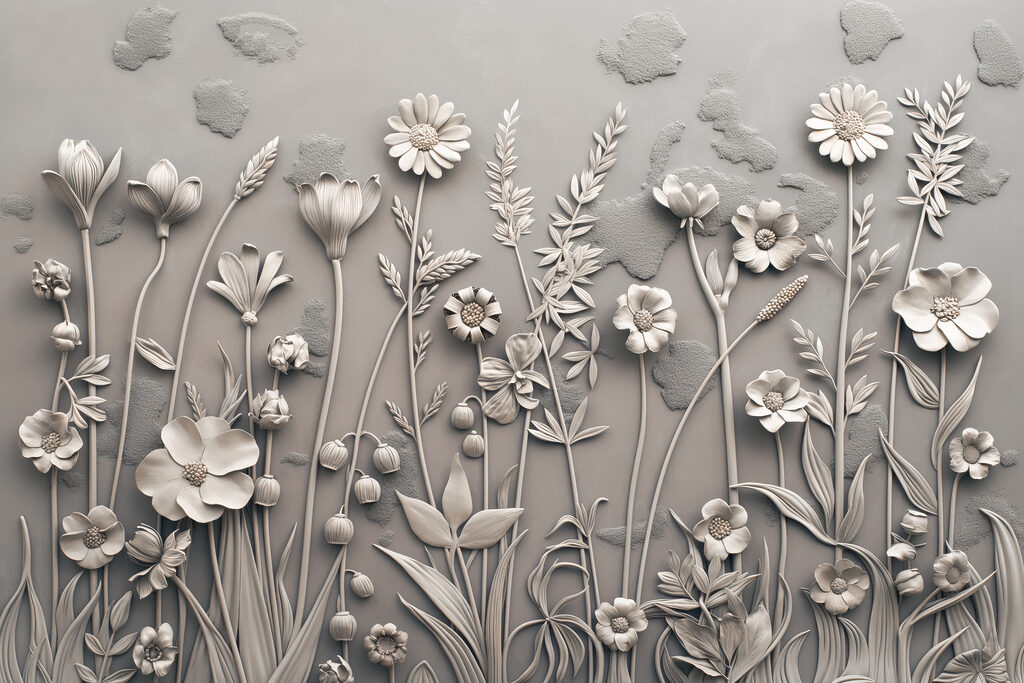 A wall art with flowers and plants