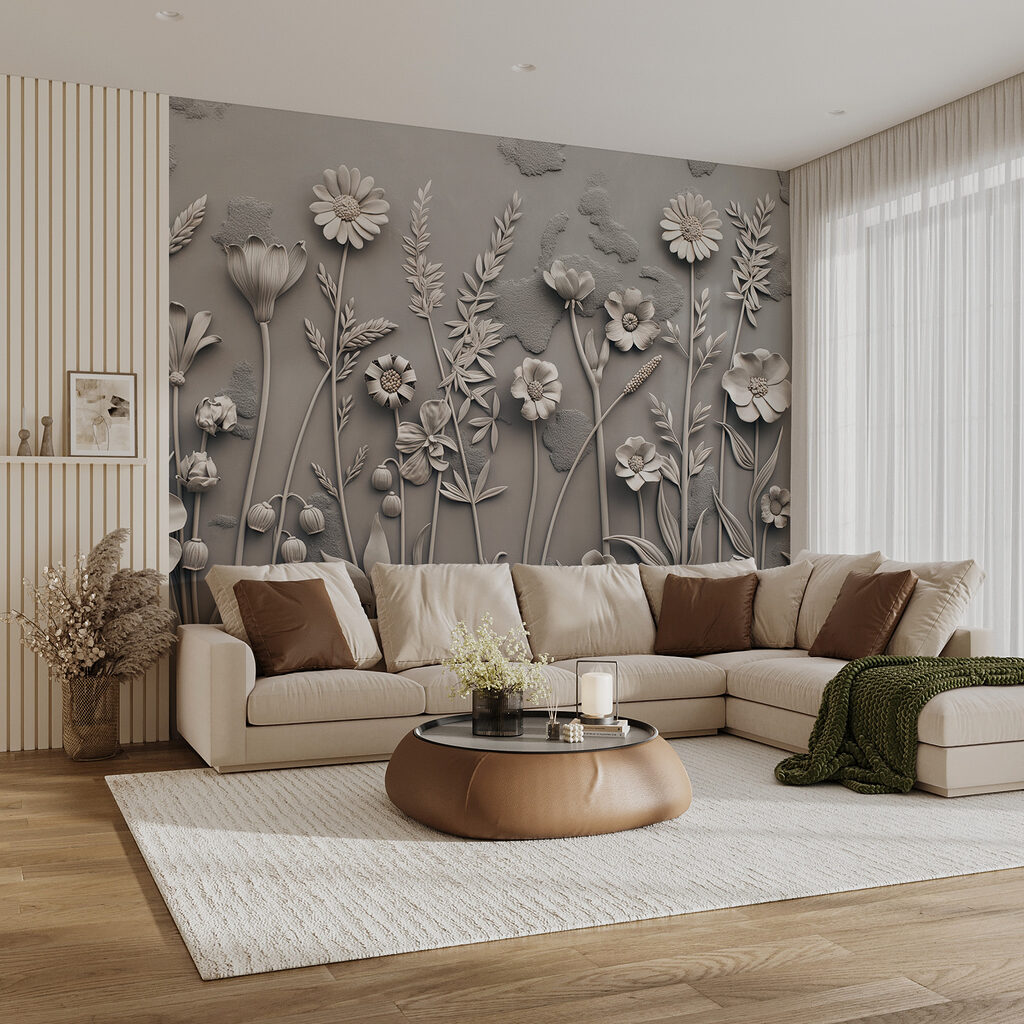 A wall art with flowers and plants