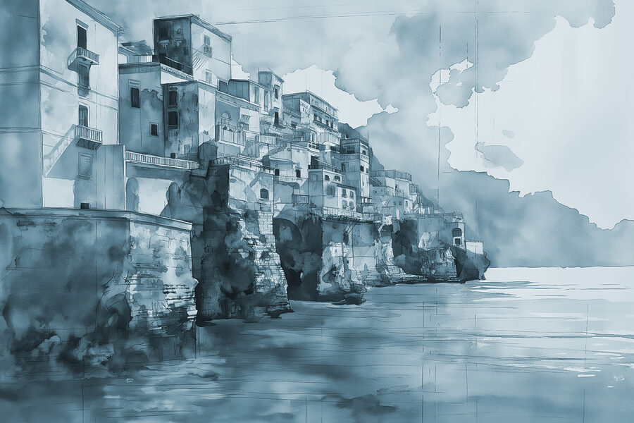 Ein Aquarell einer Stadt auf einer Klippe Ein Aquarell einer Stadt auf einer Klippe
