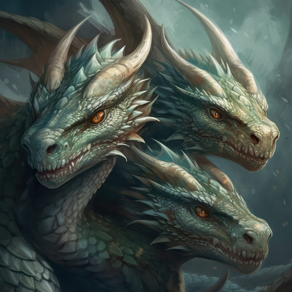 A group of dragons with sharp pointed horns A group of dragons with sharp pointed horns