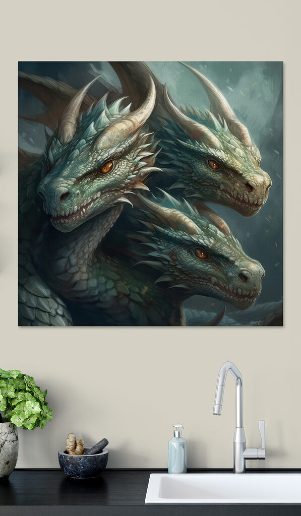 A group of dragons with sharp pointed horns A group of dragons with sharp pointed horns