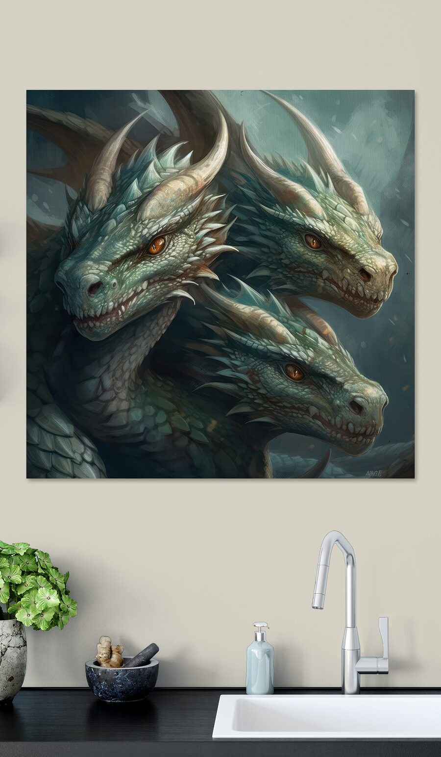 Eine Gruppe von Drachen mit scharfen, spitzen Hörnern