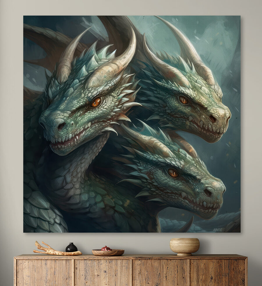 Eine Gruppe von Drachen mit scharfen, spitzen Hörnern