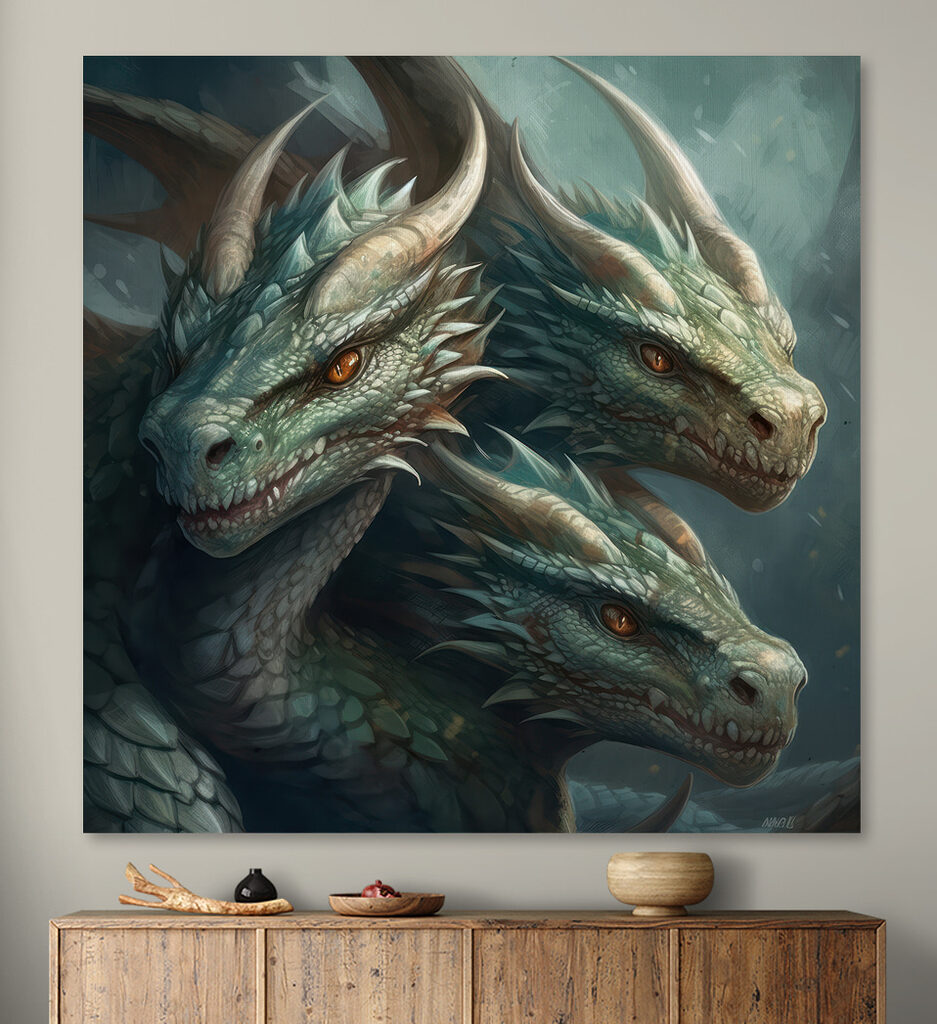 A group of dragons with sharp pointed horns A group of dragons with sharp pointed horns