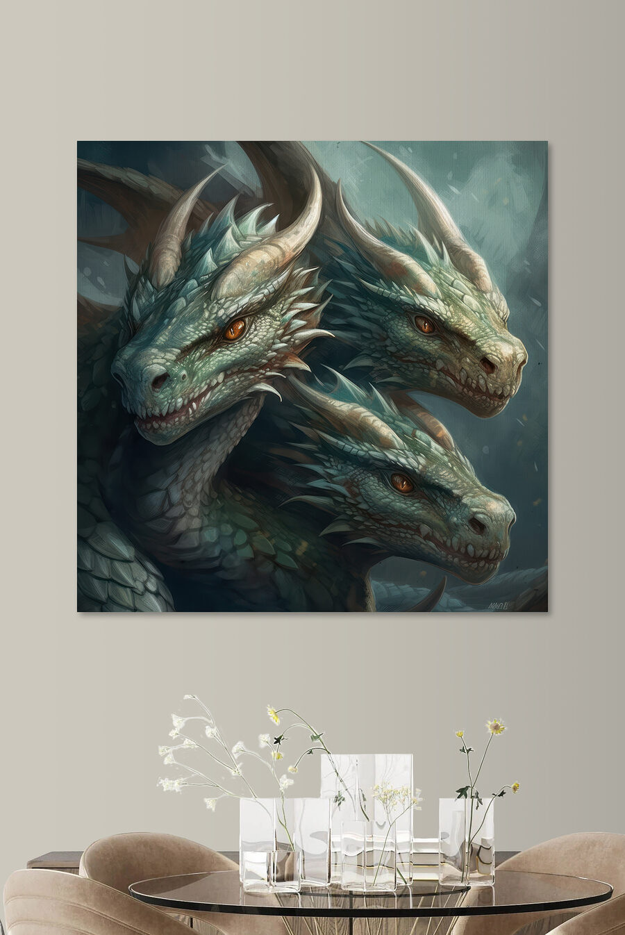 Eine Gruppe von Drachen mit scharfen, spitzen Hörnern