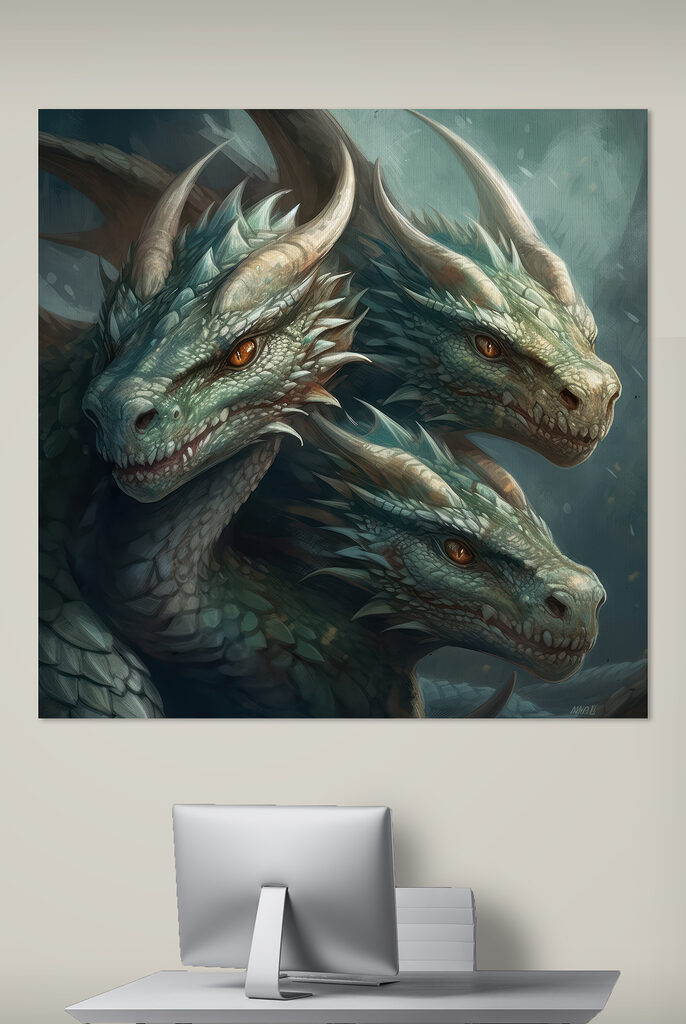A group of dragons with sharp pointed horns A group of dragons with sharp pointed horns