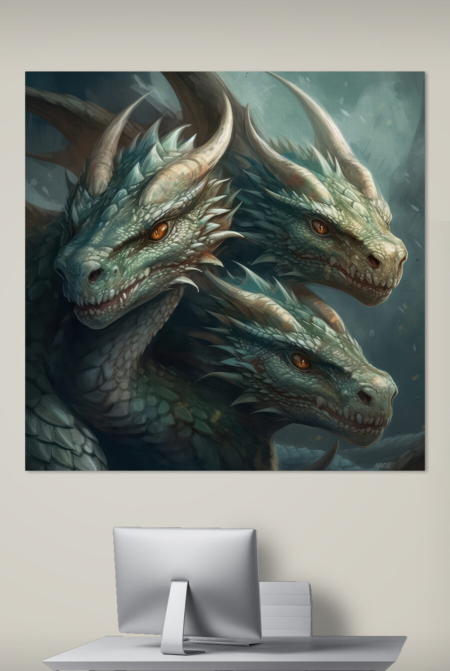 Eine Gruppe von Drachen mit scharfen, spitzen Hörnern