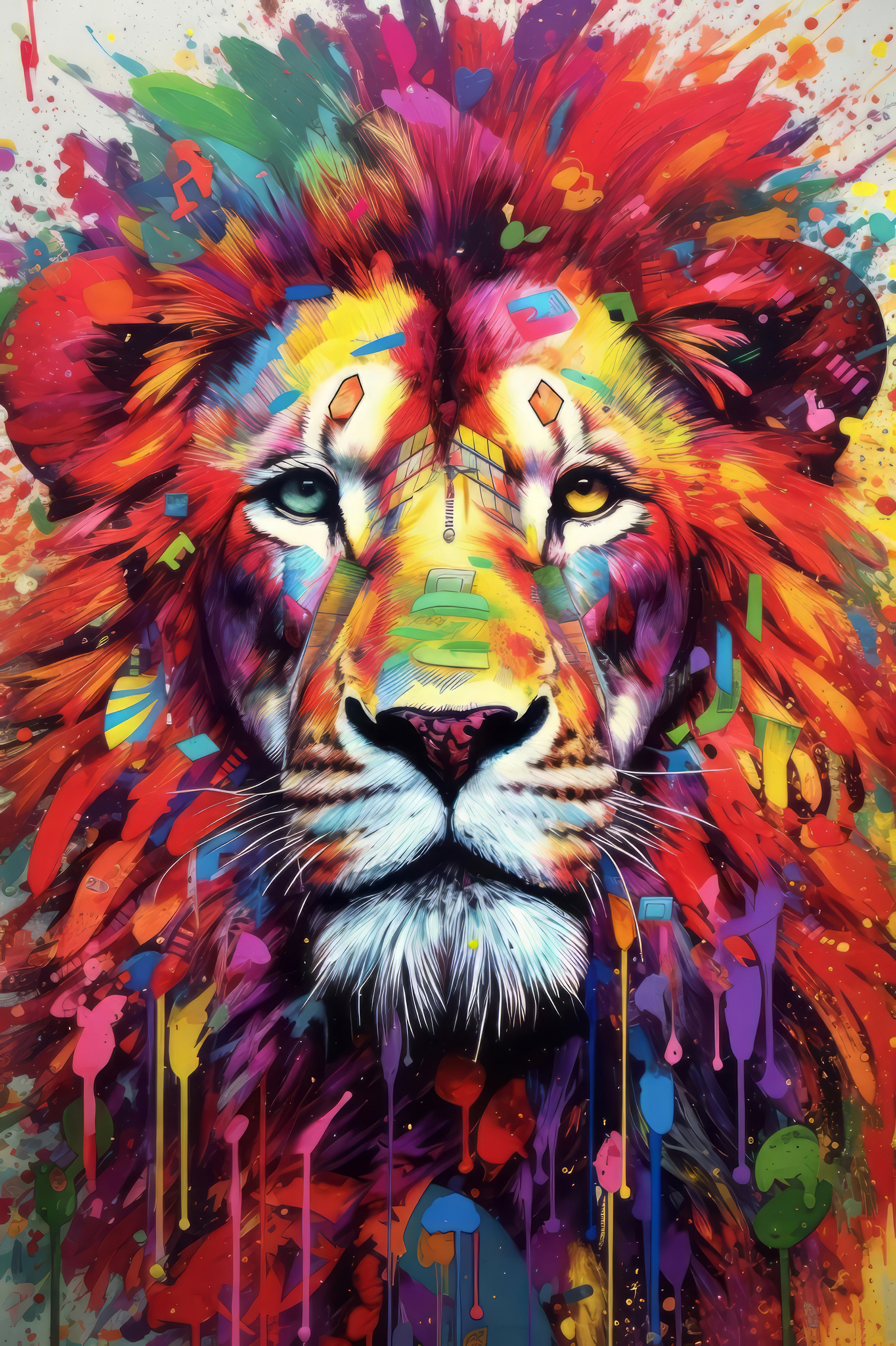 A colorful lion with white whiskers