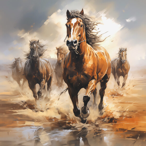 A group of horses running through water A group of horses running through water