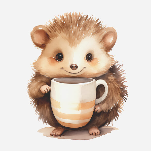 Aquarell eines Igels, der eine Tasse hält Aquarell eines Igels, der eine Tasse hält