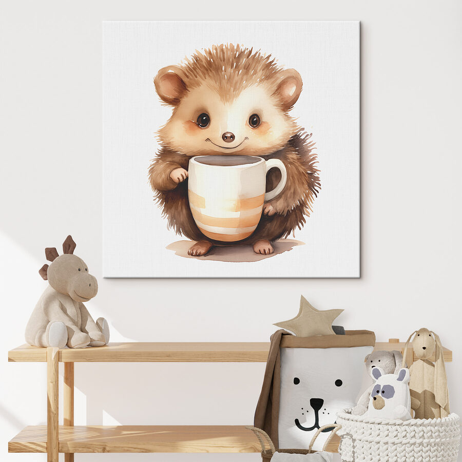 Wandbilder Aquarell eines Igels, der eine Tasse hält