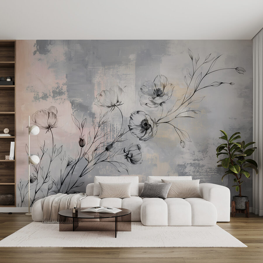 Eine Zeichnung von Blumen auf grauem Hintergrund