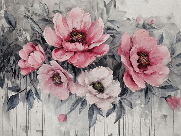 A painting of pink flowers