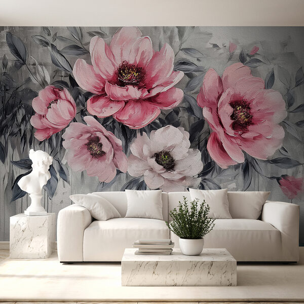 A painting of pink flowers