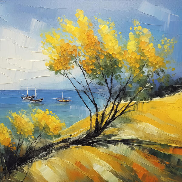 A painting of a yellow tree and boats in the water A painting of a yellow tree and boats in the water