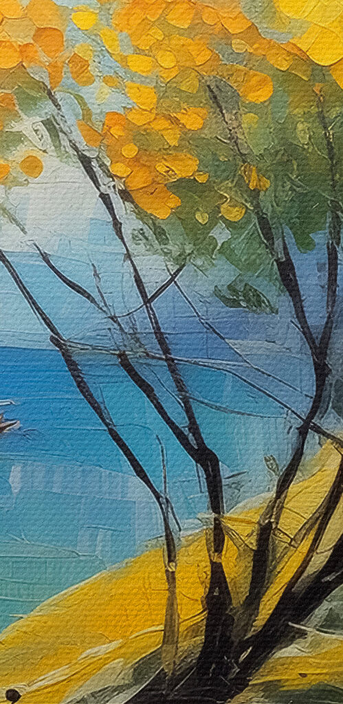 A painting of a yellow tree and boats in the water A painting of a yellow tree and boats in the water